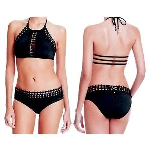 $94 Ale Alessandra Lace Inserts Bikini Top Small Strappy Back Embellished Ties